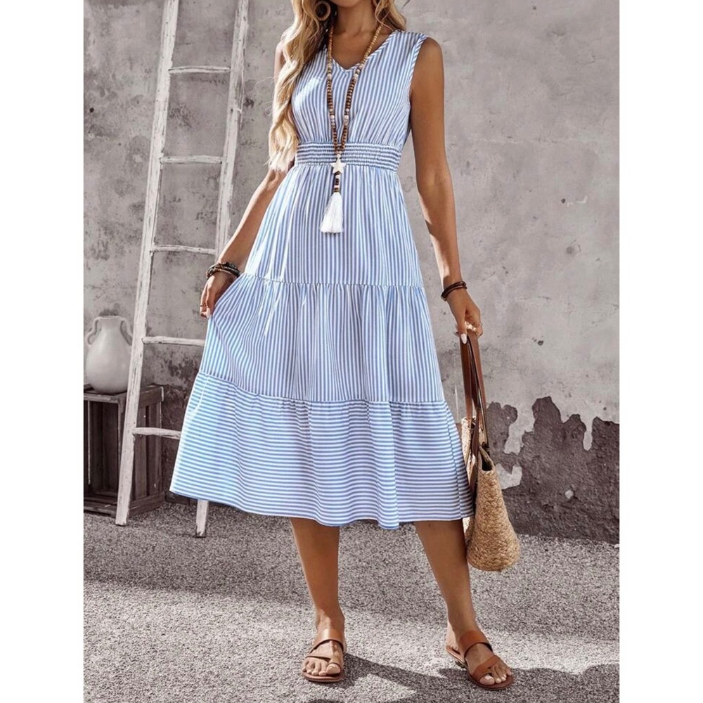 Emery Rose Blue White Striped Tiered Midi Dress Smocked Waist V-Neck Large